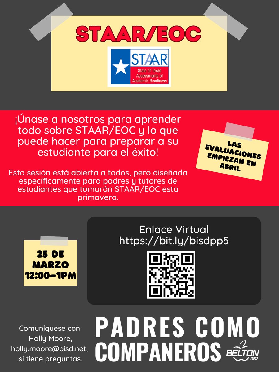 Join us for a virtual Parents as Partners: STAAR/EOC lunch and learn next Tuesday, March 25, from 12–1 p.m. This session is aimed to prepare you to set your student up for success. No RSVP is needed—just log in with your questions and join us online!

💻 bit.ly/bisdpp5