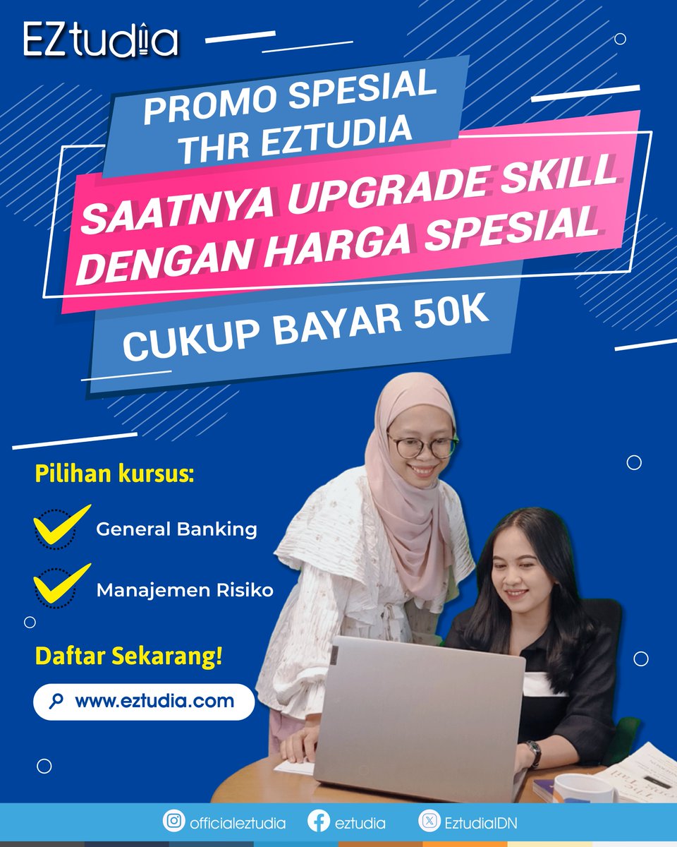 EztudiaIDN's tweet image. THR Cepat Habis? STOP Hambur-hamburkan! 

Lebih baik investasi diri dengan ikut pelatihan di EZTUDIA! 
Cuma 50K, kamu bisa upgrade skill dengan kursus:
✅ General Banking✅ Manajemen Risiko

#Eztudia #PromoTHR #UpgradeSkill #PelatihanOnline #BelajarBanking #ManajemenRisiko #THR