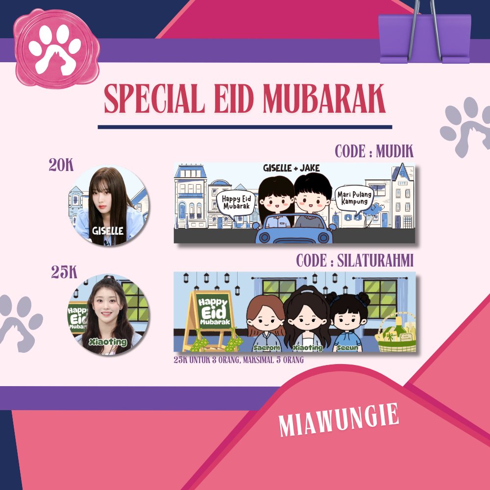 miawungie's tweet image. ㅤ
⠀                GIVEAWAY [ HELP RT ]

Hi, aku ngeluarin Katalog Edisi Idul Fitri. Mari ikutan Giveawaynya diambil 2 pemenang 🫶 untuk yang mau order juga sudah bisa.

Syarat
- Follow @miawungie
- RT tweet ini &amp;amp; Tag teman kalian

#zonauang #zonajajan