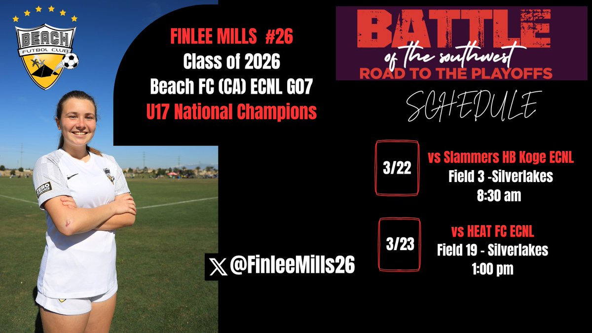 Back in action this weekend at Battle of the Southwest. UNCOMMITTED 2026. Headed into the Spring season ranked #1 team in the country! Come check us out. <a href="/BeachFC_G07ECNL/">Beach FC G07 ECNL</a> <a href="/ImYouthSoccer/">ECNL/GA/Recruiting/College Soccer</a> <a href="/ImCollegeSoccer/">College Soccer Truth ™</a> <a href="/TopDrawerSoccer/">TopDrawerSoccer</a> <a href="/TheSoccerWire/">SoccerWire</a> <a href="/JREskilson/">J.R. Eskilson</a>