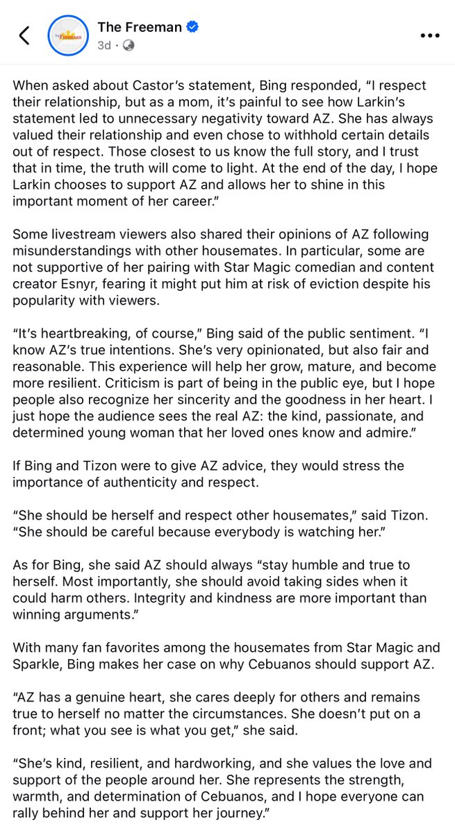 Az is just misunderstood and truly has a pure heart. 💖

The Freeman interviewed Az’s mother Bing Martinez and fashion designer Roy Erwin Tizon.

Az was quickly hated on and misunderstood just days inside the Pbb house, especially after her ex released a “statement”. A lot