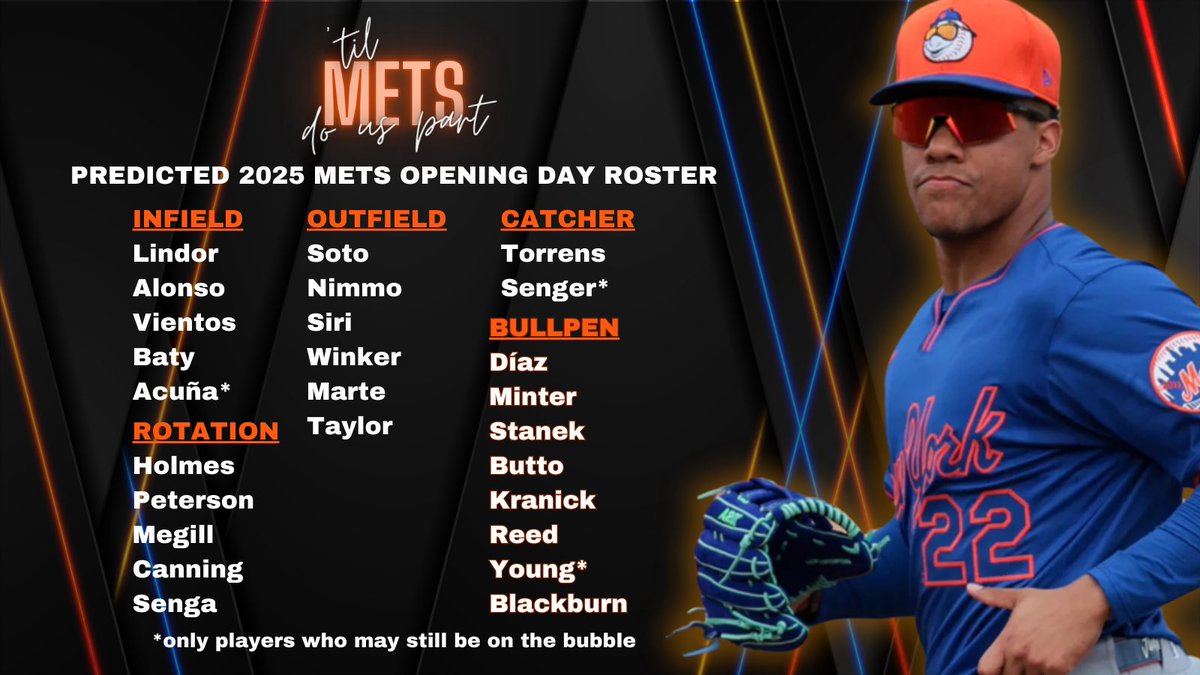 TilMetsDoUsPart's tweet image. With only a few days ‘til the start of the season, &amp;amp; even fewer spots up for grabs, @johnsaponaro &amp;amp; @Poison_IBBY gave their *official* Mets opening day roster prediction on today’s show!

What do you think, #MetsTwitter?
#LGM #Mets