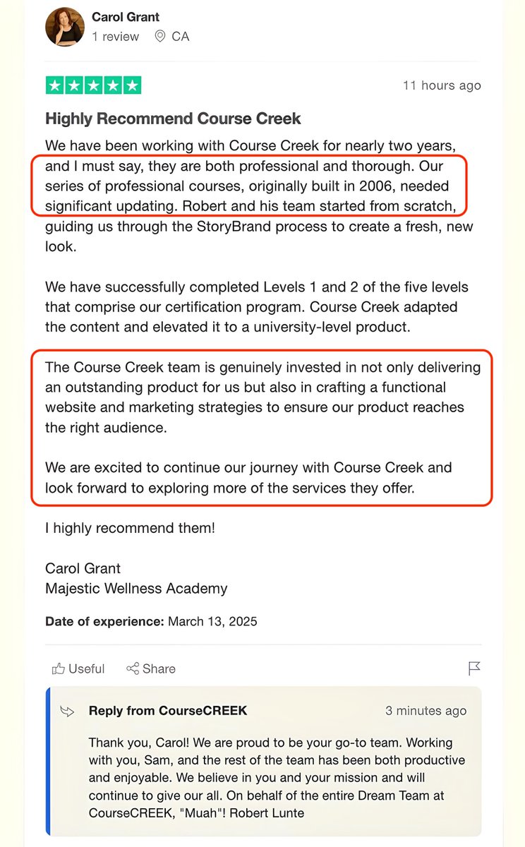 CourseCREEK (@course_creek) on Twitter photo When our EdTech partners entrust us with their clients, we deliver results. Here's another 5-star review from a satisfied client, contributing to our perfect score. 
How do you gather client reviews and testimonials? It's simple: after completing a great job, they will say Tuamo When our EdTech partners entrust us with their clients, we deliver results. Here's another 5-star review from a satisfied client, contributing to our perfect score. 
How do you gather client reviews and testimonials? It's simple: after completing a great job, they will say Tuamo