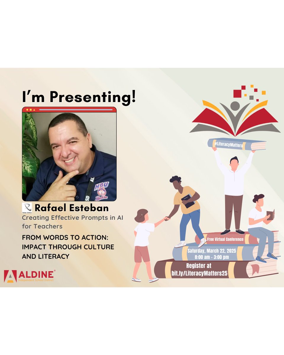 Rafael Esteban (@mrestebances) on Twitter photo Join me as we explore how AI can enhance teaching strategies and improve student engagement. Don’t miss it! Let’s unlock the power of AI together.
🔗 Registration link: bit.ly/LiteracyMatter…
<a href="/AldineISD/">Aldine ISD</a> @AISDLITmatters
#LiteracyMatters #AldineImpact #AIinEducation #EdTech Join me as we explore how AI can enhance teaching strategies and improve student engagement. Don’t miss it! Let’s unlock the power of AI together.
🔗 Registration link: bit.ly/LiteracyMatter…
<a href="/AldineISD/">Aldine ISD</a> @AISDLITmatters
#LiteracyMatters #AldineImpact #AIinEducation #EdTech