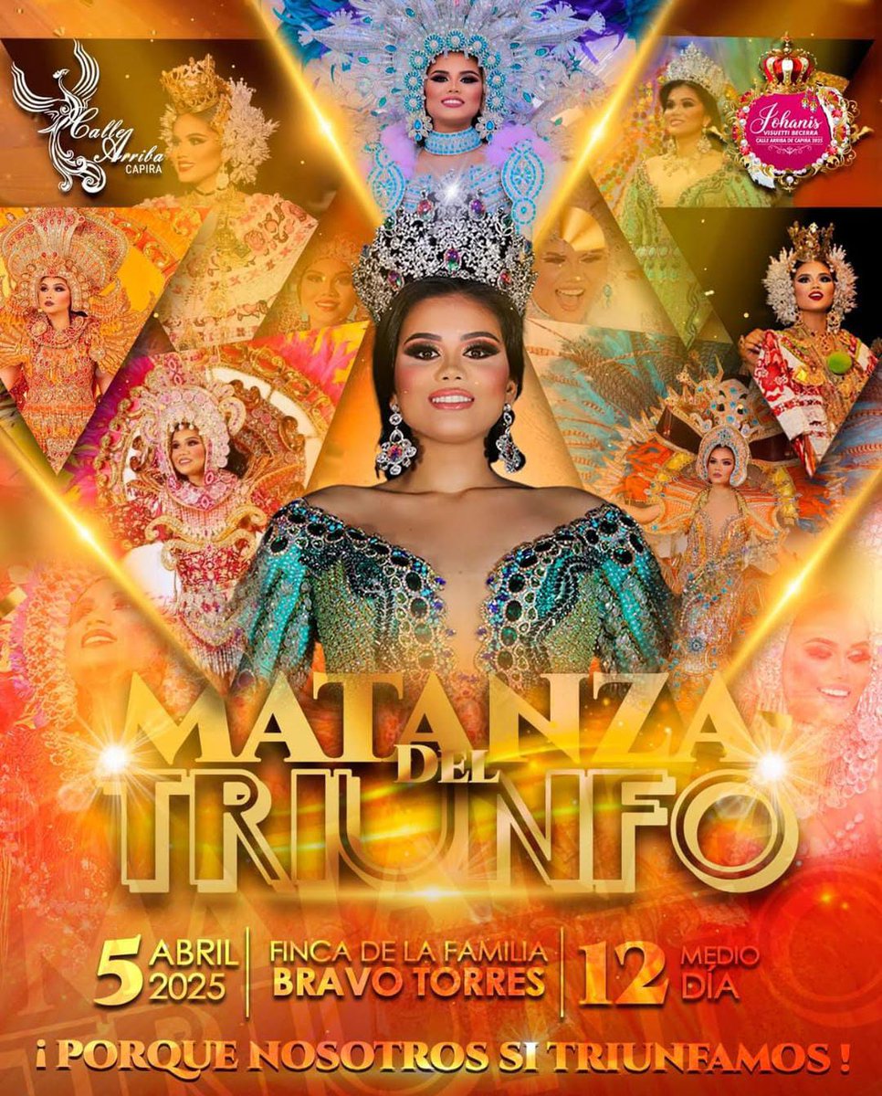 El TRIUNFO es y seguirá siendo de Calle Arriba de Capira. Acompáñanos a celebrar el próximo sábado 5 de abril de 2025 en nuestra GRAN MATANZA.

LUGAR: Finca de la Flia. Bravo Torres.
HORA: Desde las 12 M.D.