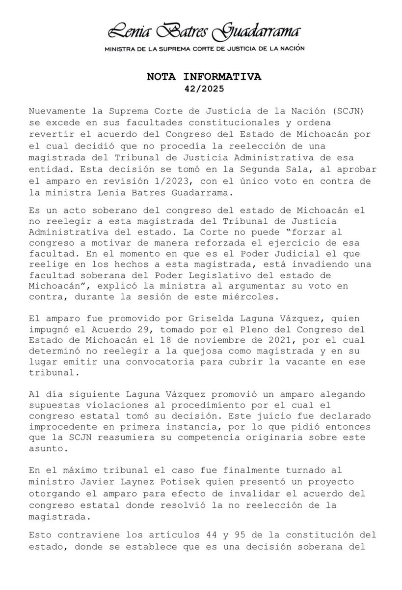 LeniaBatres's tweet photo. Decenas de magistrados y magistradas de tribunales de justicia administrativa de todo el país han sido reelectos por medio de juicios de amparo, en abierta invasión de facultades del Poder Judicial sobre los poderes legislativos federal y  estatales de nuestro país, a quienes correspondía reelegir o no a dichos funcionarios.

¿Se imaginan a un presidente municipal extendiendo su periodo por medio de amparo?

Se abusa de que es menos notorio en el caso de los tribunales de justicia administrativa.