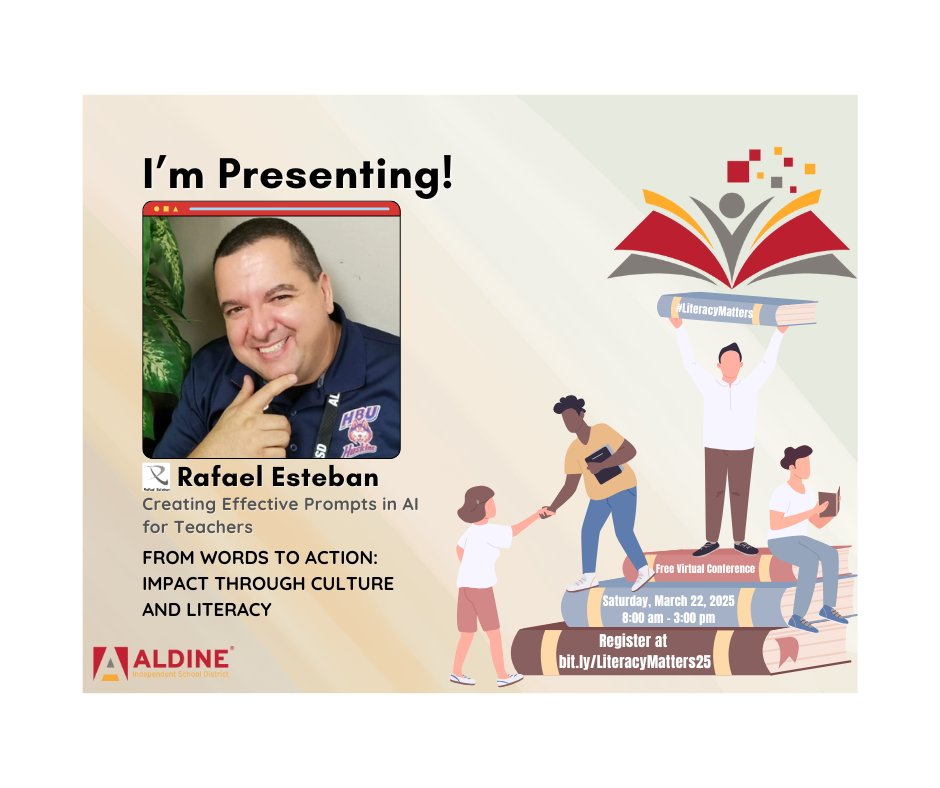 Rafael Esteban (@rafale1co) on Twitter photo Join me as we explore how AI can enhance teaching strategies and improve student engagement. Don’t miss it! Let’s unlock the power of AI together. 🔗 Registration link: bit.ly/LiteracyMatter… <a href="/AldineISD/">Aldine ISD</a> @AISDLITmatters #LiteracyMatters #AldineImpact #AIinEducation #EdTech Join me as we explore how AI can enhance teaching strategies and improve student engagement. Don’t miss it! Let’s unlock the power of AI together. 🔗 Registration link: bit.ly/LiteracyMatter… <a href="/AldineISD/">Aldine ISD</a> @AISDLITmatters #LiteracyMatters #AldineImpact #AIinEducation #EdTech