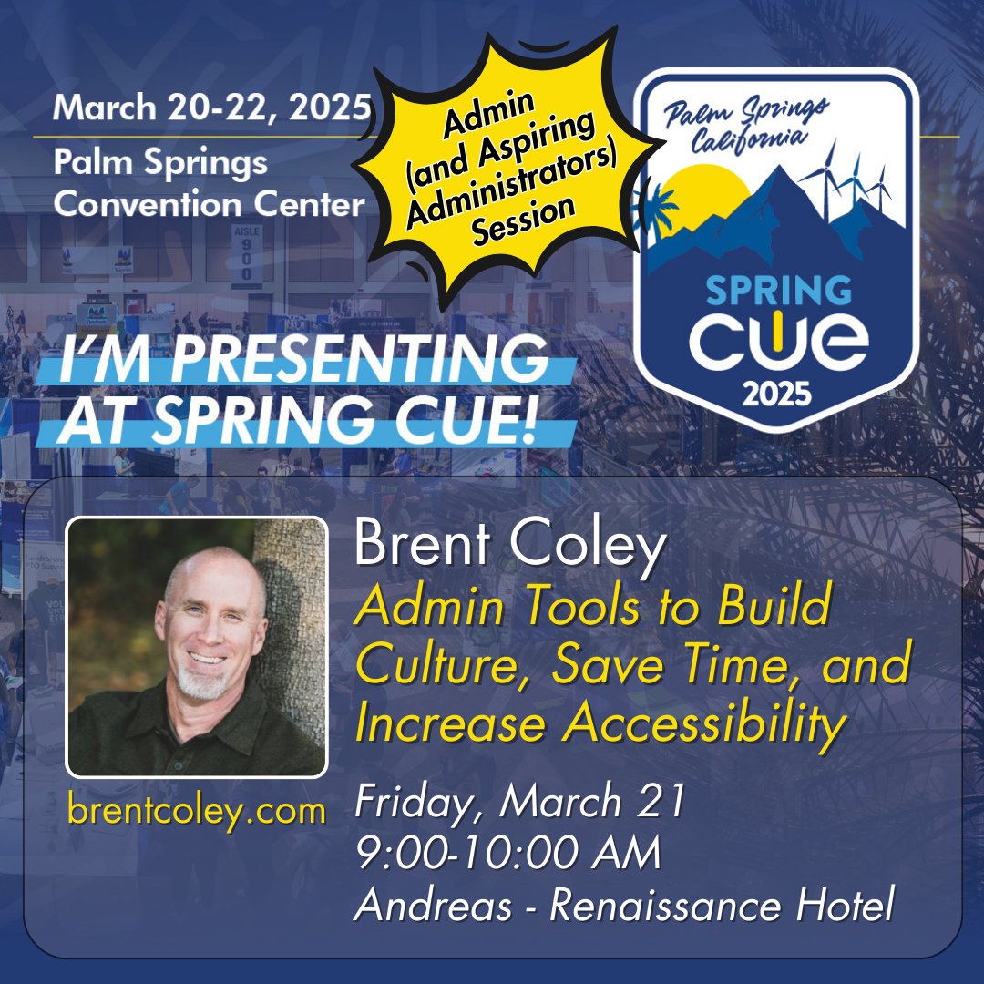 Are you an administrator (or aspiring admin) headed to #SpringCUE? Join me on Friday morning when I'll be sharing 10 of my favorite ways to build positive culture, save time, and increase accessibility for your community. Templates &amp; tutorials provided! Hope to see you there!