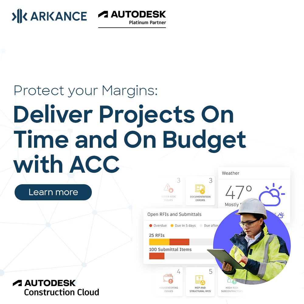 On Time. On Budget. On Autodesk Construction Cloud.

Don’t waste time hunting for project updates. Access all of your data instantly from anywhere.

Learn more: bit.ly/4iApFLp

#ACC #Design #Construction #Autodesk #ARKANCE
