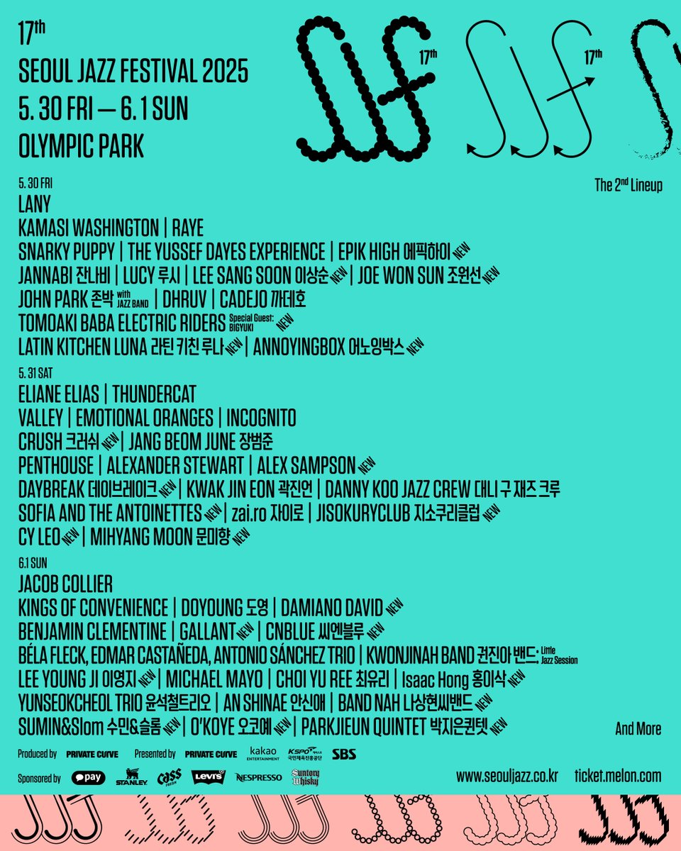 [The 17th Seoul Jazz Festival 2025]
#SJF25_INFO | 2nd Line-Up

따스한 봄, 가장 눈부실 3일간의 음악 여정!
제17회 서울재즈페스티벌 2025 2차 라인업, 
총 22팀을 공개합니다 🎶

📅 𝗗𝗔𝗬𝟭 : 𝟱/𝟯𝟬 (𝗙𝗥𝗜)

▸ 에픽하이(Epik High)
▸ 이상순(Lee Sang Soon)
▸ 조원선(Joe Won Sun)
▸