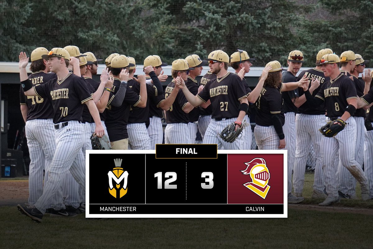 BASE: 20 Hits later... Spartans Crush Calvin! Baseball takes down the Knights 12-3 after the Manchester offense racked up 8 extra base hits including two home runs and a triple and pitching combined for six Ks!

#MUSpartans | #SpartanPride