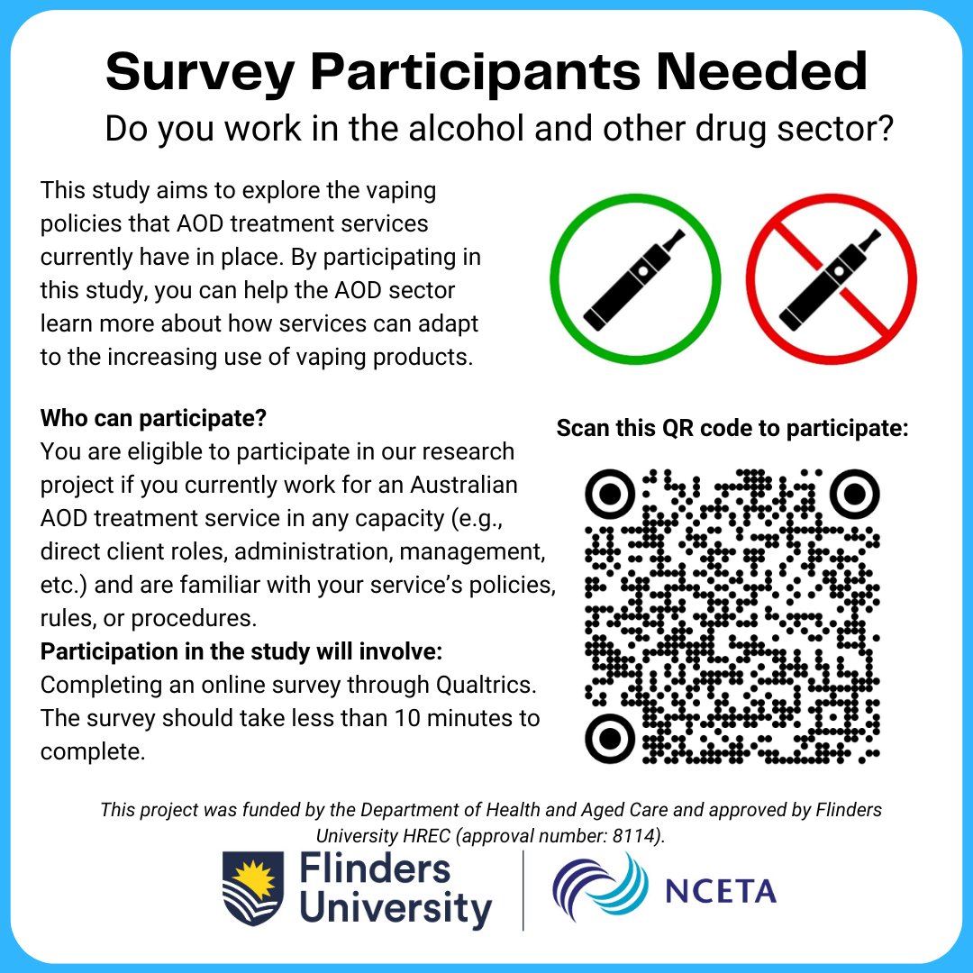 📢 Work in the AOD sector? Flinders University &amp; NCETA need your input! Help shape vaping policies by taking this 10-min survey. If you know your service’s policies, scan the QR code in the image to participate. Your insights matter! 🙌 #AOD #VapingPolicy #HarmReduction