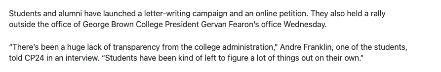 We completely agree with the following statements in the news report about George Brown College:

“There’s been a huge lack of transparency from the college administration,” 

ctvnews.ca/toronto/articl…