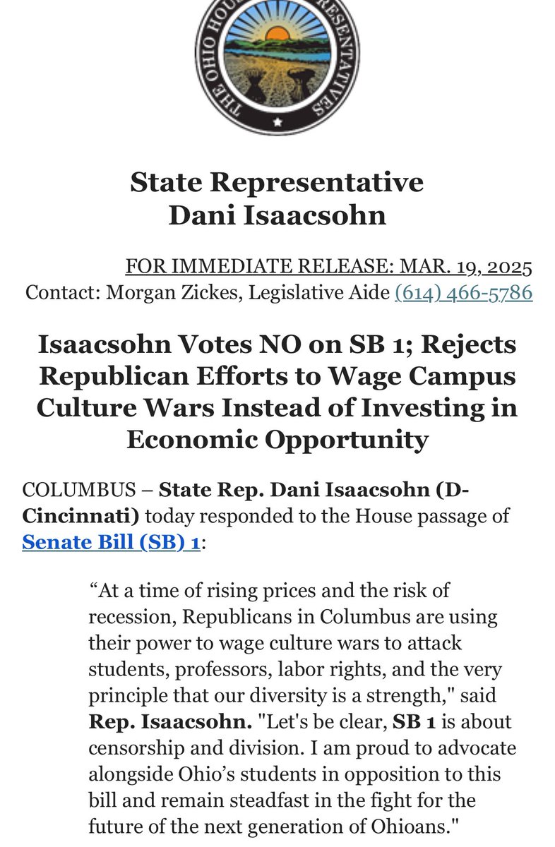 With a Trump recession looking more likely every day, now is the time to be investing in the future of Ohio - our young people - not to use the law to sow division and censorship. SB1 is a huge step backwards for our state.