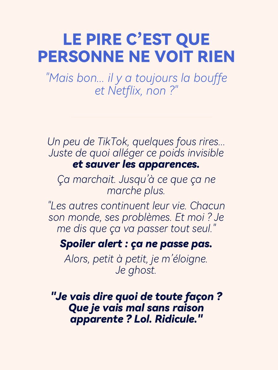 EquiMenta46's tweet photo. Fatigué.e de faire semblant d'aller bien ?
Respire. Tu n'es pas seul.e.
Ma santé mentale compte. Et la tienne aussi !🍃
#SantéMentale #EquilibreMental #ZéroTabou #OnEnParle https://t.co/NQwHS6DGMB
