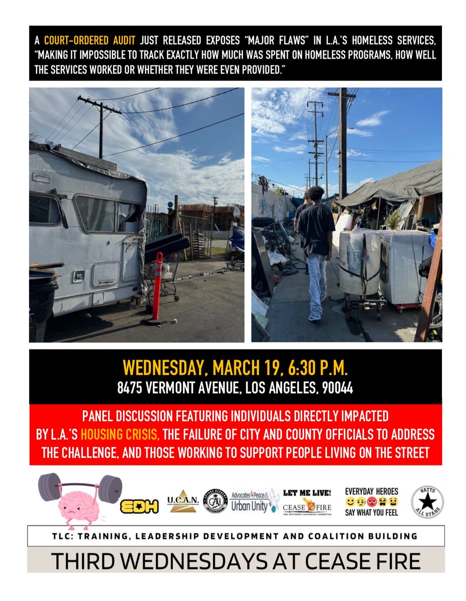 Tonight - Wednesday, March 19 at 6:30 p.m. - 8475 S. Vermont, Los Angeles, 90044 join a discussion on L.A.’s struggle to provide housing for its residents. A recent, court-ordered audit exposes mismanagement of billions in taxpayer dollars and sub-standard services.
✊🏾❤️🏠