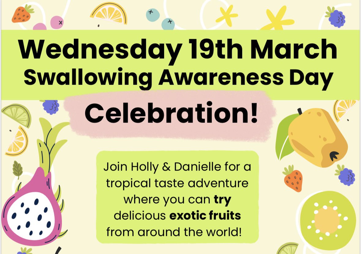 Hollyanna Wilson (@hollyannamarler) on Twitter photo Swallowing Awareness Day in #LearningDisability & #Forensics:
🌟Trying tropical fruit with different tastes & textures
🌟Chatting about fibre & preventing constipation
🌟Championing healthy eating
🌟Learning & using descriptive vocab & signs
#swallowaware2025 <a href="/HPFT_NHS/">Hertfordshire Partnership University NHS FT (HPFT)</a> <a href="/RCSLT/">RCSLT 💙</a> Swallowing Awareness Day in #LearningDisability & #Forensics:
🌟Trying tropical fruit with different tastes & textures
🌟Chatting about fibre & preventing constipation
🌟Championing healthy eating
🌟Learning & using descriptive vocab & signs
#swallowaware2025 <a href="/HPFT_NHS/">Hertfordshire Partnership University NHS FT (HPFT)</a> <a href="/RCSLT/">RCSLT 💙</a>