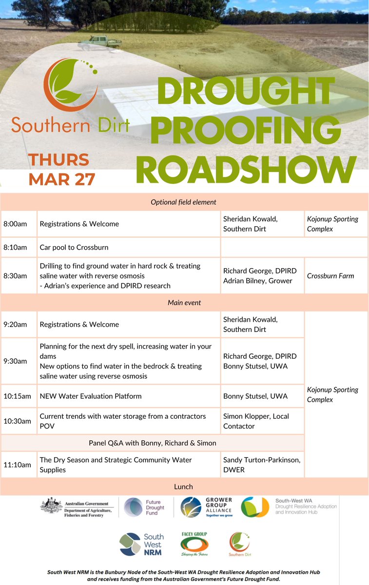 4 days to go!
Are you coming to our #DroughtProofingRoadshow?
Spend your morning with us hearing from industry experts all on things water efficiency, desal, water storage trends &amp; strategy, then use the arvo to finish your jobs on the farm! 
RSVP - trybooking.com/CZQEZ