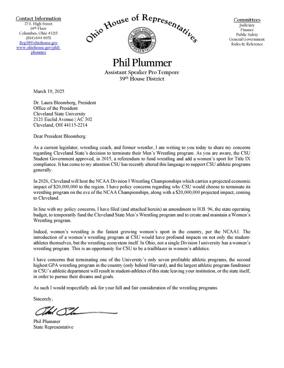 <a href="/PhilPlummerOH40/">Phil Plummer</a> is fighting for <a href="/CSUWrestling/">Community Serving U</a>! He’s introducing a budget amendment to save CSU Men’s Wrestling AND launch Women’s Wrestling. Speak up &amp; demand CSU do the right thing! #SaveCSUWrestling