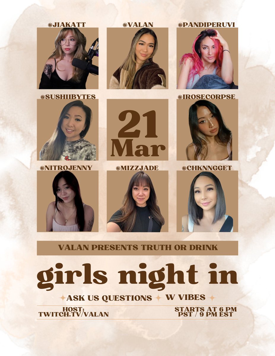 Valannnnn's tweet photo. Girls, giggles, and a whole lotta truth! (or soju)🥤

Truth or Drink night is finally HERE! Brought to you by all of these cuties. Come hang out with us!
(っ˘0˘)🍺🍸(ˆᵕˆ๑)