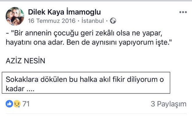 🔴15 Temmuz'da kurtuluş mücadelesi veren halka,

 "Sokaklara dökülenlere akıl fikir diliyorum" 

diyen Dilek İmamoğlu 
bugün yolsuzluktan gözaltına alınan kocası için halkı #sokağa davet ediyor.

560 milyar TL yetmedi mi ?