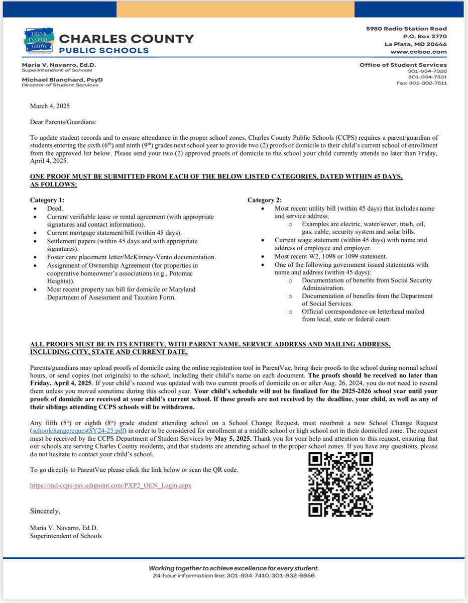 5th grade parents! Don’t forget - proofs of domicile MUST be sent to your child’s current school no later than April 4, 2025. Please see the letter below for more information.