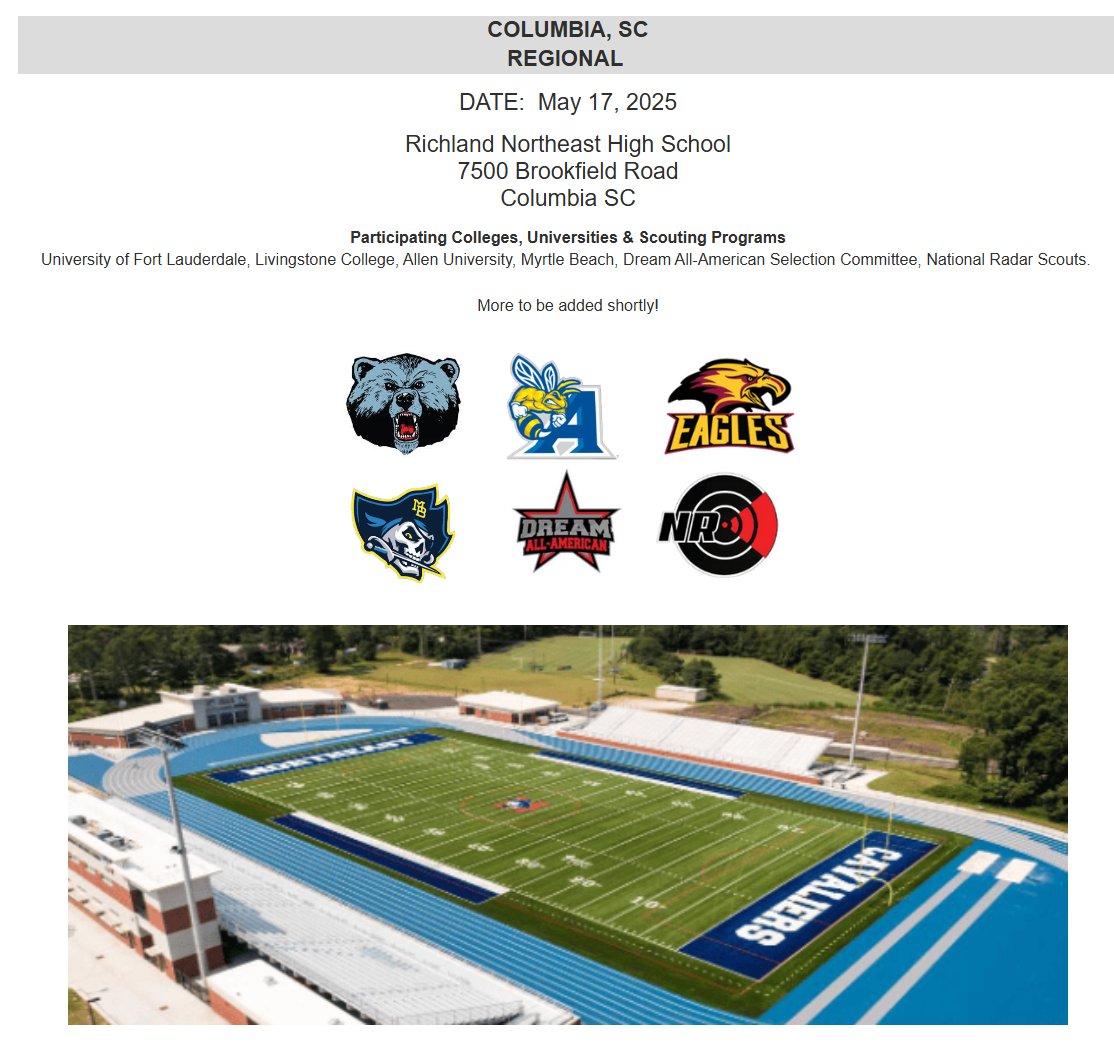 DATE CHANGE!!!  Recruit Nation Camp for Columbia, SC has been rescheduled for May 17th. More time to register at this link: football.recruitnationelite.com/collegeprospec…