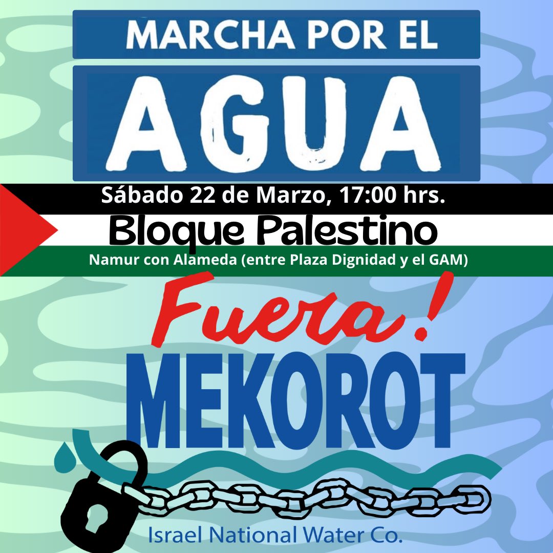 BDS_Chile's tweet photo. Este fin de semana convocamos al Bloque Palestino en la Marcha por la Defensa del Agua.

Ante la terrible situación en Gaza luego de la ruptura del alto al fuego por Israel, desde el resto del mundo debemos solidarizar reforzando el boicot total.

El sábado gritamos #fueramekorot https://t.co/fdwiMdYuC5