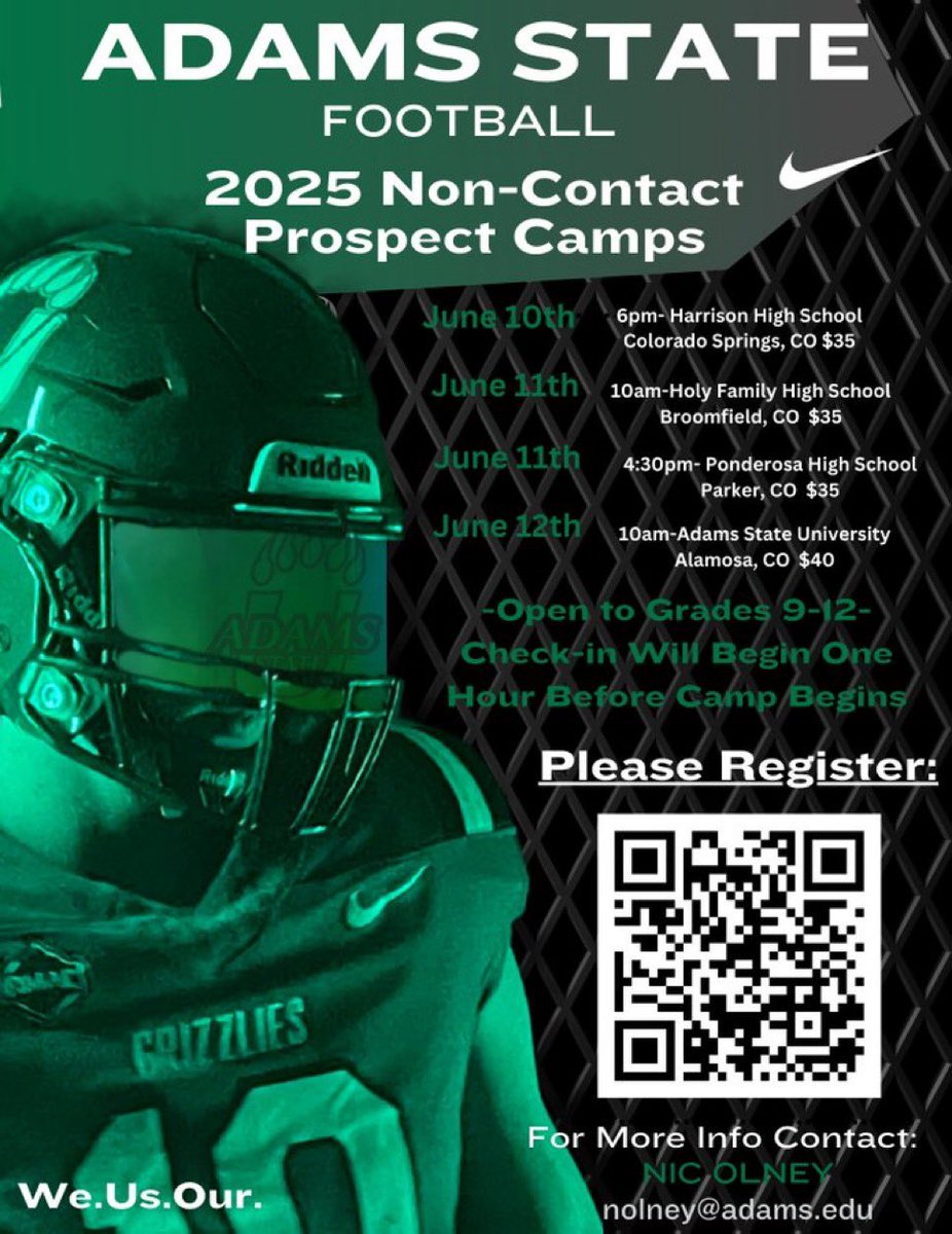 Adams State Football (@asugrizzliesfb) on Twitter photo The Grizzly football staff will be out around the state of Colorado hosting prospect camps. Come get seen and learn from our staff. Itāll take all of US.
#WeUsOur #GoGrizz
<a href="/ASUGrizzlies/">Adams State Grizzlies</a> The Grizzly football staff will be out around the state of Colorado hosting prospect camps. Come get seen and learn from our staff. Itāll take all of US.
#WeUsOur #GoGrizz
<a href="/ASUGrizzlies/">Adams State Grizzlies</a>
