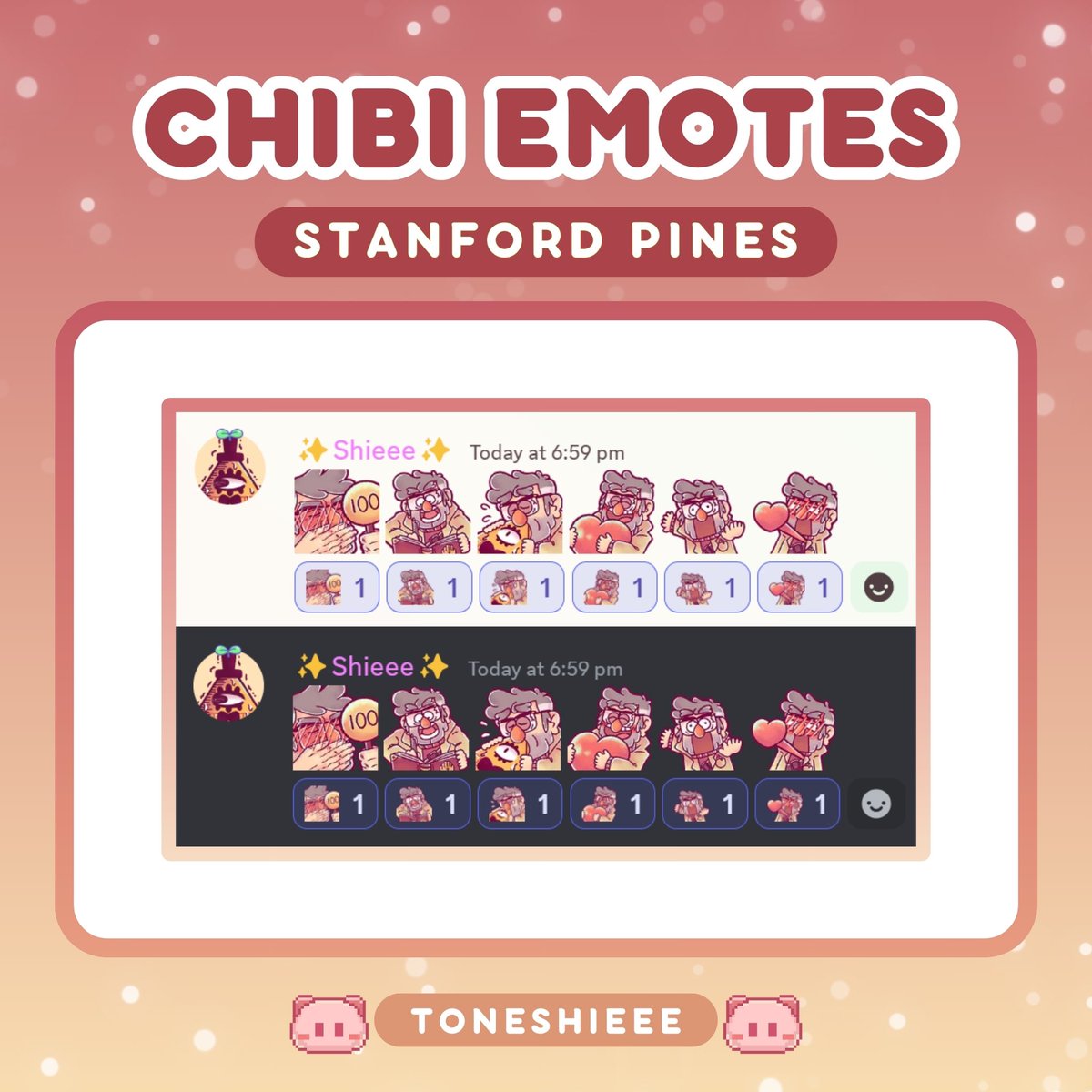 toneshieee's tweet photo. ✨Chibi Stanford Pines Static and Animated Emotes✨ 

✨Static Emote Names:
1. 100 Points
2. Write ‘em down
3. Deep Throat Bill
4. Love Ford
5. HEAR ME OUT
6. Badump

✨Animated Emote Names:
1. Heart Eyes
2. Loading

:*:｡ﾟ*＼(★∀＜)／*ﾟ｡*: https://t.co/RkuoqwGMjx