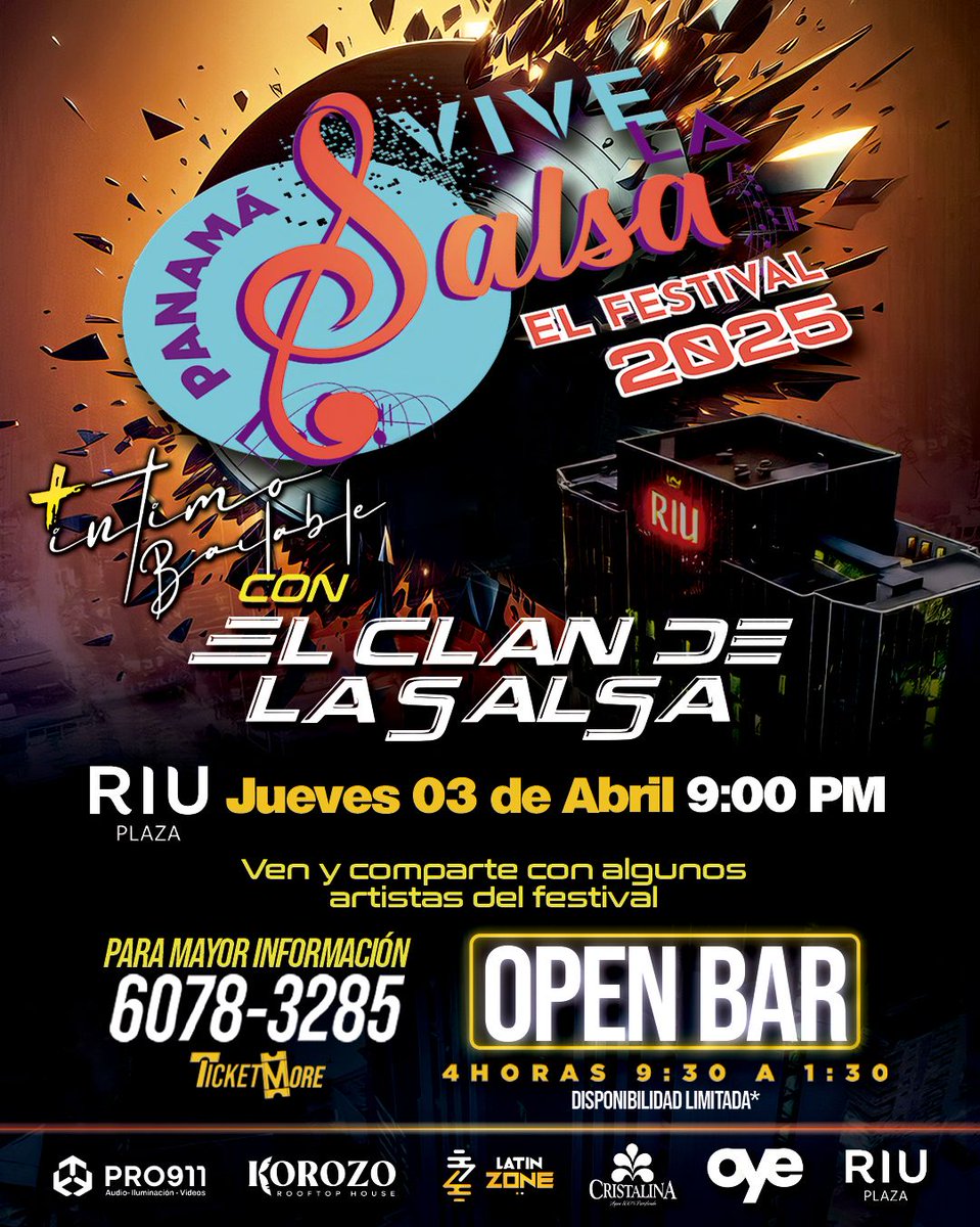 VIVE una noche +ÍNTIMA BAILABLE!
Comparte con algunos artistas del festival. Jueves 3 de abril  -  RIU Plaza Panamá
Reserva al 6078-3285 ¡CUPOS LIMITADOS!
OPEN BAR (9:30 PM - 1:30 AM).
🎟 Entrada general: $100
🎟 Si tienes boleto para #Vivelasalsaelfestival $70 
@latinzonelatam