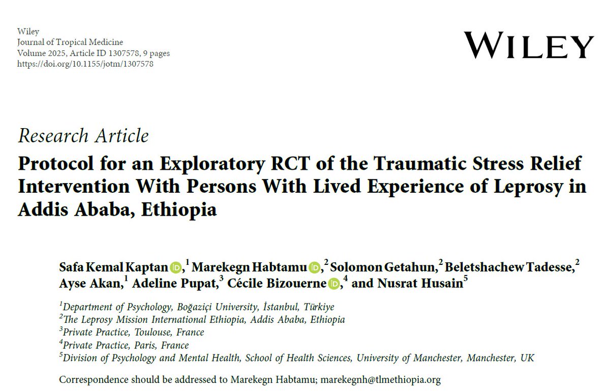New publication: Protocol for an Exploratory RCT of the Traumatic Stress Relief Intervention With Persons With Lived Experience of Leprosy in Addis Ababa, Ethiopia 
onlinelibrary.wiley.com/doi/10.1155/jo… 
<a href="/Leprosymissint/">The Leprosy Mission International</a> 
<a href="/OfficialUoM/">The University of Manchester</a> 
<a href="/BCeliktemur/">@bahadirceliktemur.bsky.social</a>