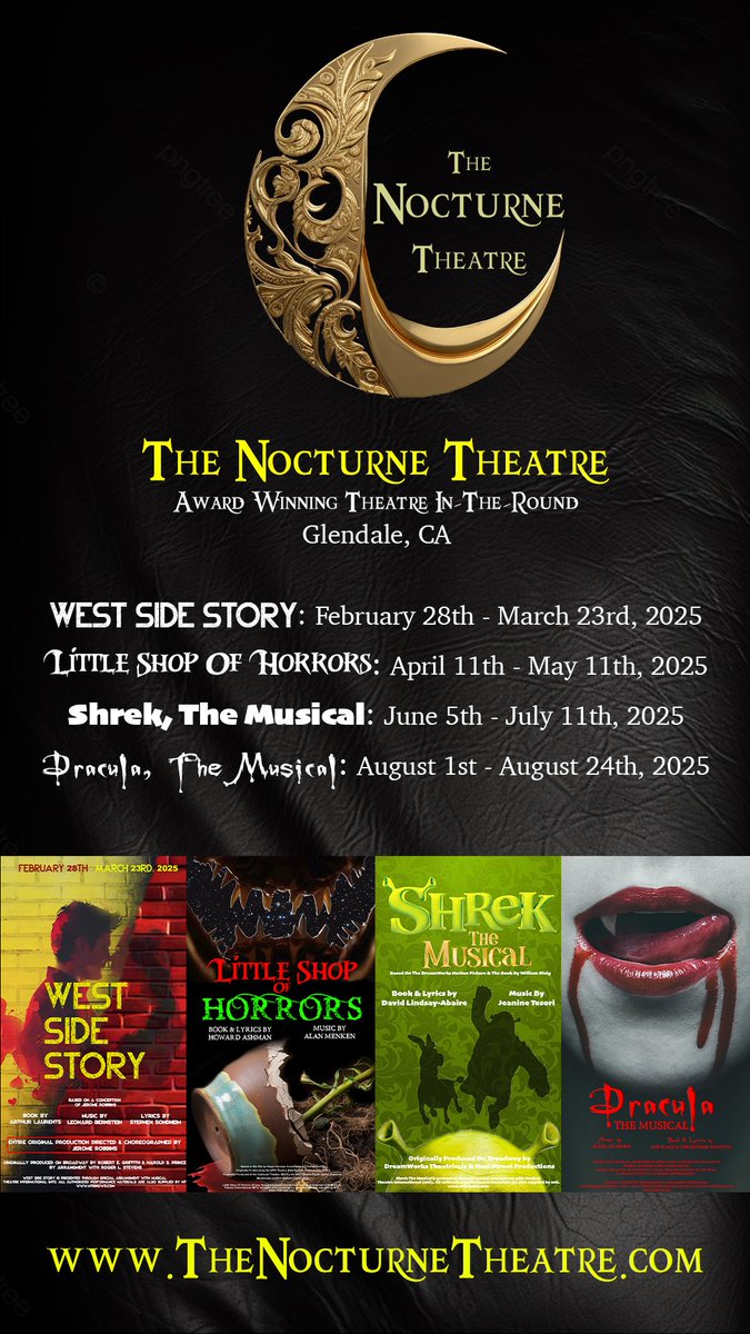 A season of stupendous live stage theatre is scheduled for 2025.  Please check these out and support these new productions this season:  thenocturnetheatre.com/shows/(West Side Story, Little Shop of Horrors, Shrek the Musical, Dracula: The Musical) which all take place at the beautiful