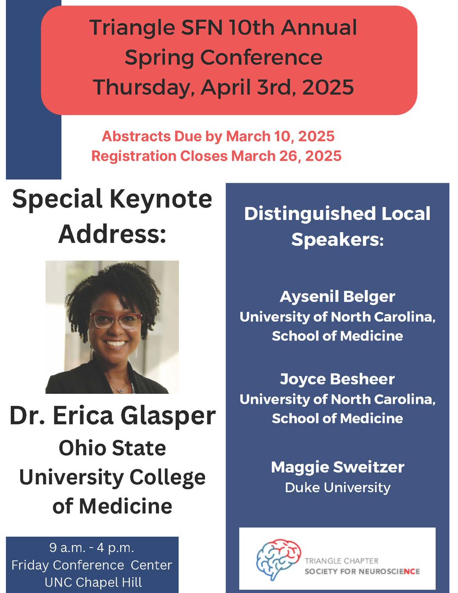 Triangle_SfN's tweet image. Our Triangle SfN 10th Annual Meeting is coming up soon on April 3rd, 2025! Abstract (March 21st) and registration (March 28th) deadlines have been extended – hope to see you all there!
