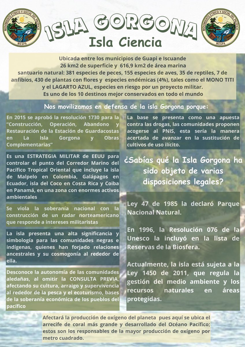Las comunidades del #Pacífico le dicen #NoALaBaseMilitarEnGorgona
Mañana se realiza en #Guapi la audiencia con la que se espera frenar el avance de un proyecto que viola la soberanía nacional y afecta gravemente a la naturaleza 
<a href="/CamaraColombia/">Cámara de Representantes de Colombia</a> <a href="/petrogustavo/">Gustavo Petro</a> <a href="/coord_pupsoc/">PUPSOC</a>
