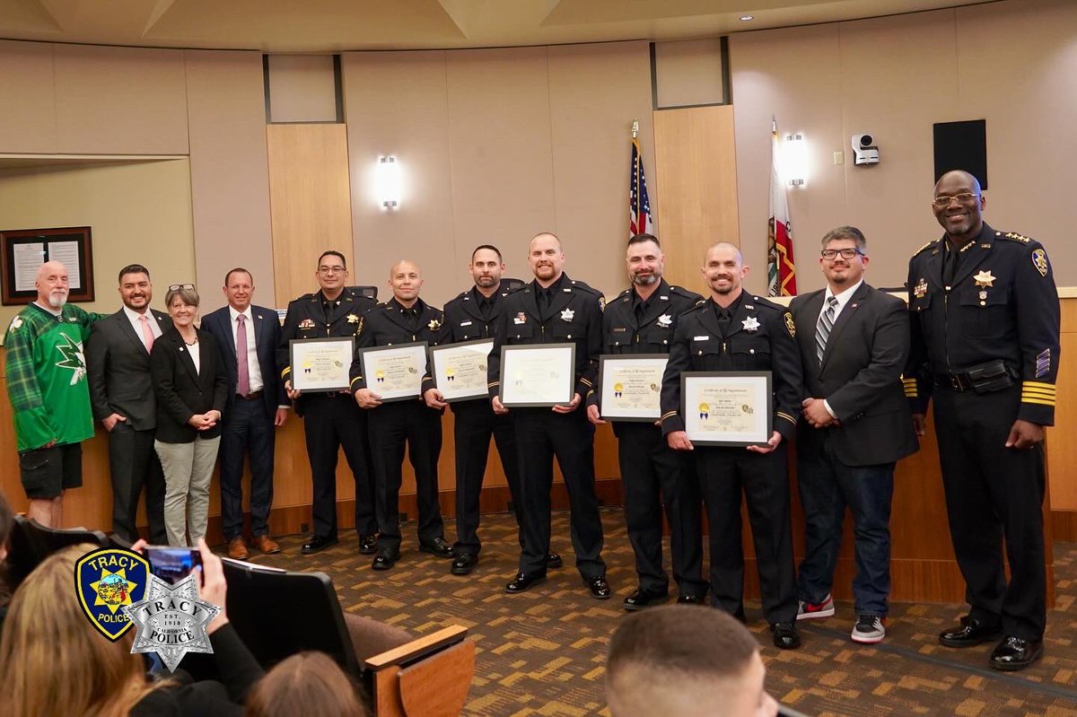 tracypd's tweet photo. Last night, we proudly welcomed Officer Zacc Baker and Officer Richard Francis to Tracy PD as our newest lateral officers. We also celebrated the well-earned promotions of Corporal Andrew Glover, Sergeant Matt Grijalva, Lieutenant Daniel Garcia, and Captain Miguel Contreras—each of whom has demonstrated outstanding leadership and commitment to our community.

Congratulations to all! We look forward to the impact you will continue to make in keeping Tracy safe. 💙👏