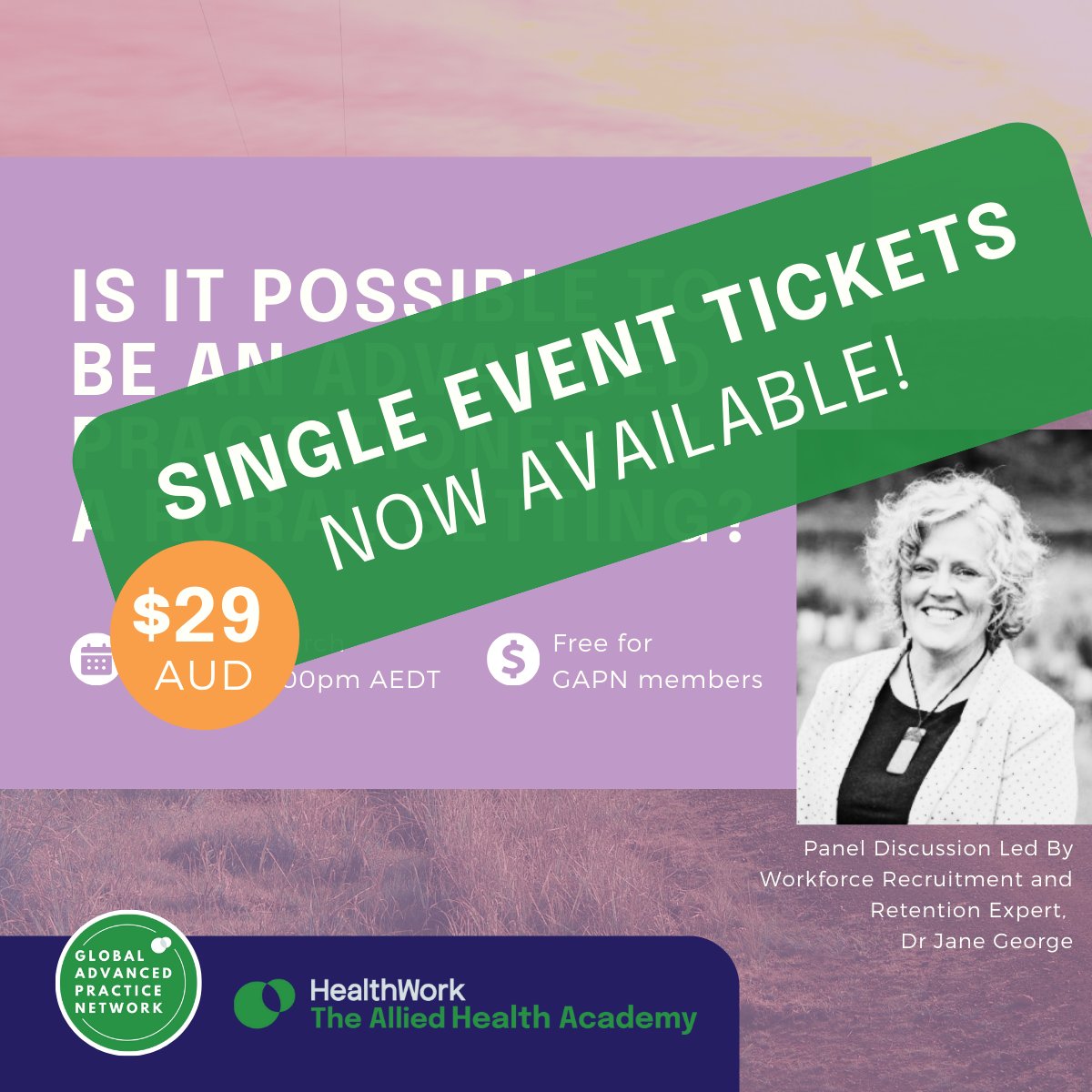 Join the GAPN for an exclusive webinar TODAY led by Dr Jane George to explore: Is it possible to be an #AdvancedPractitioner in a rural setting? 

🎟️ Purchase a one-off ticket to attend this afternoon's webinar at 1:00pm AEDT here: loom.ly/k-EPfGY

#GAPS2025 #AlliedHealth
