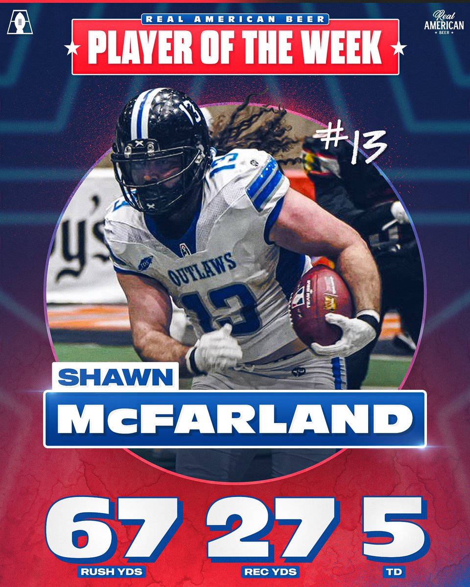 The Week 1 Real American Beer Player of the Week 🇺🇸 🍺 

Shawn McFarland | Billings Outlaws
⭐ 67 Rushing Yards
⭐ 27 Receiving Yards
⭐ 5 Touchdowns
⭐ 1 Win

@realamerbeer | <a href="/outlawsaf1/">Outlaws Arena Football</a>