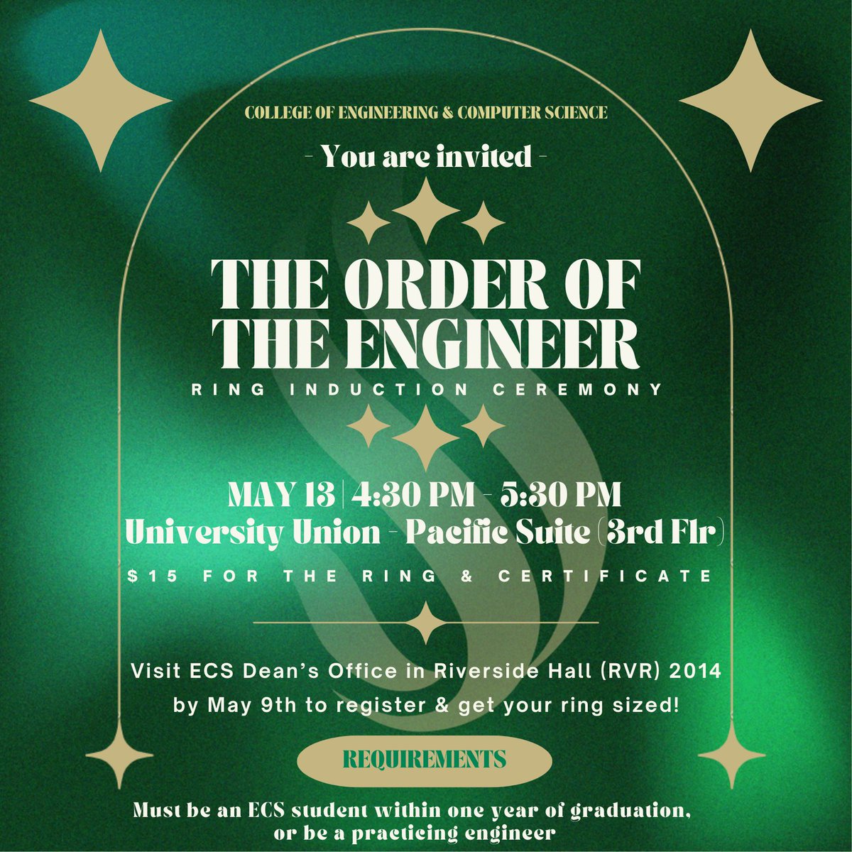 SacStateECS's tweet image. 🔹 Calling all graduating engineering students! 🔹

Take the Obligation of an Engineer 💍⚙️ Join the Order of the Engineer ring ceremony on May 13! Sign up today! 🔗csus.edu/college/engine…