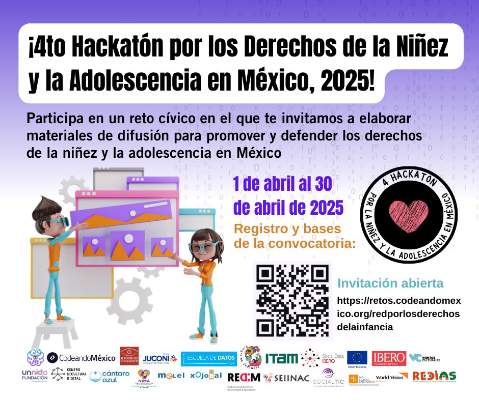 #México |

🔍 ¿Te gusta investigar? 

📊 ¿Quieres trabajar con #datos? 

👦🏽👧🏽 ¿Te interesan los derechos de las infancias? 

✨ ¡Súmate al 4.º Hackatón por los Derechos de la Niñez y Adolescencia en México 2025! ✨

🗓️ 01 - 30 abril 2025

Regístrate ⬇️
retos.codeandomexico.org/challenges/6-4…