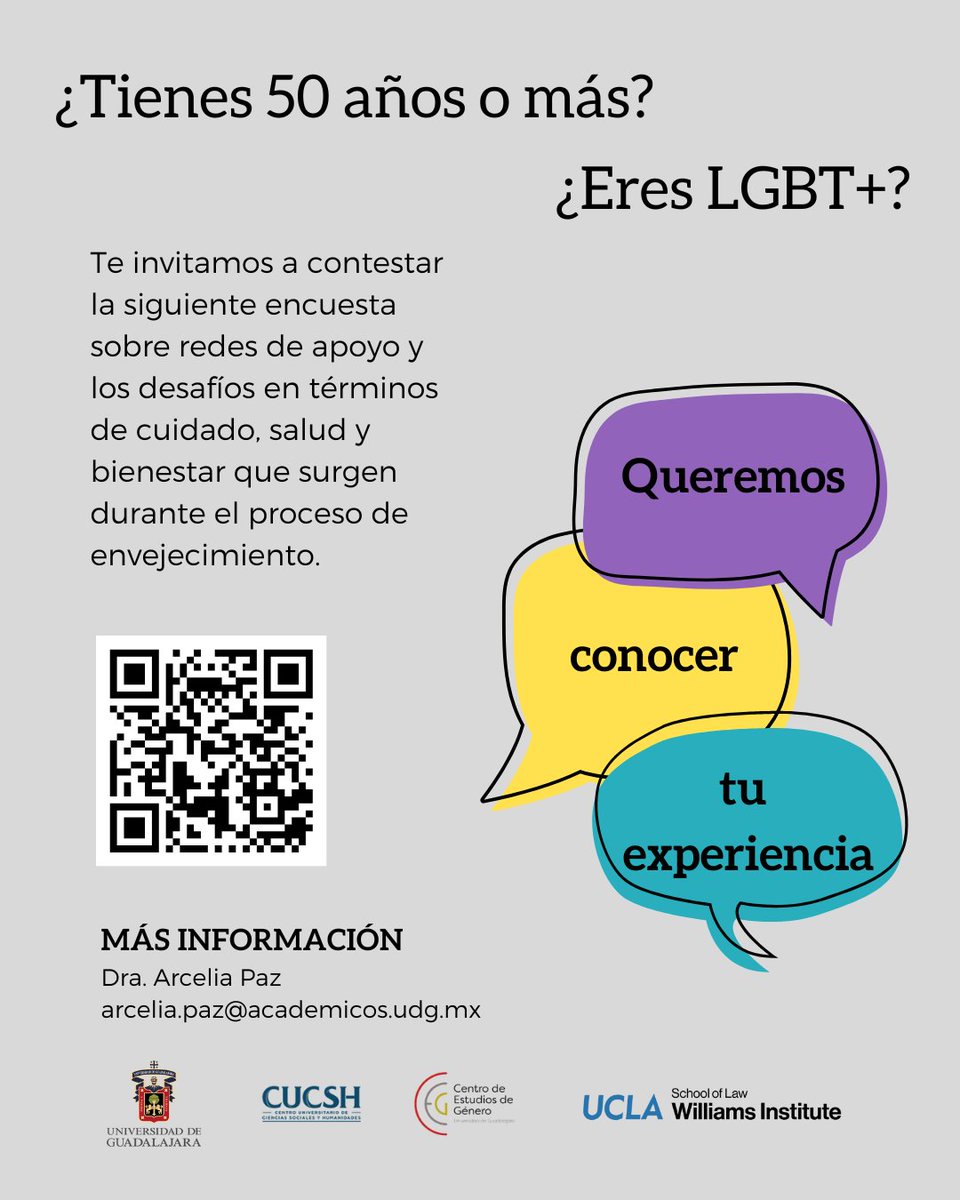 Invitación especial para personas de 50 años y más a participar en una encuesta sobre sistemas de apoyo y cuidados de las personas LGBT+ del Área Metropolitana de Guadalajara.

forms.gle/zrjVzMQUHPXxA2…