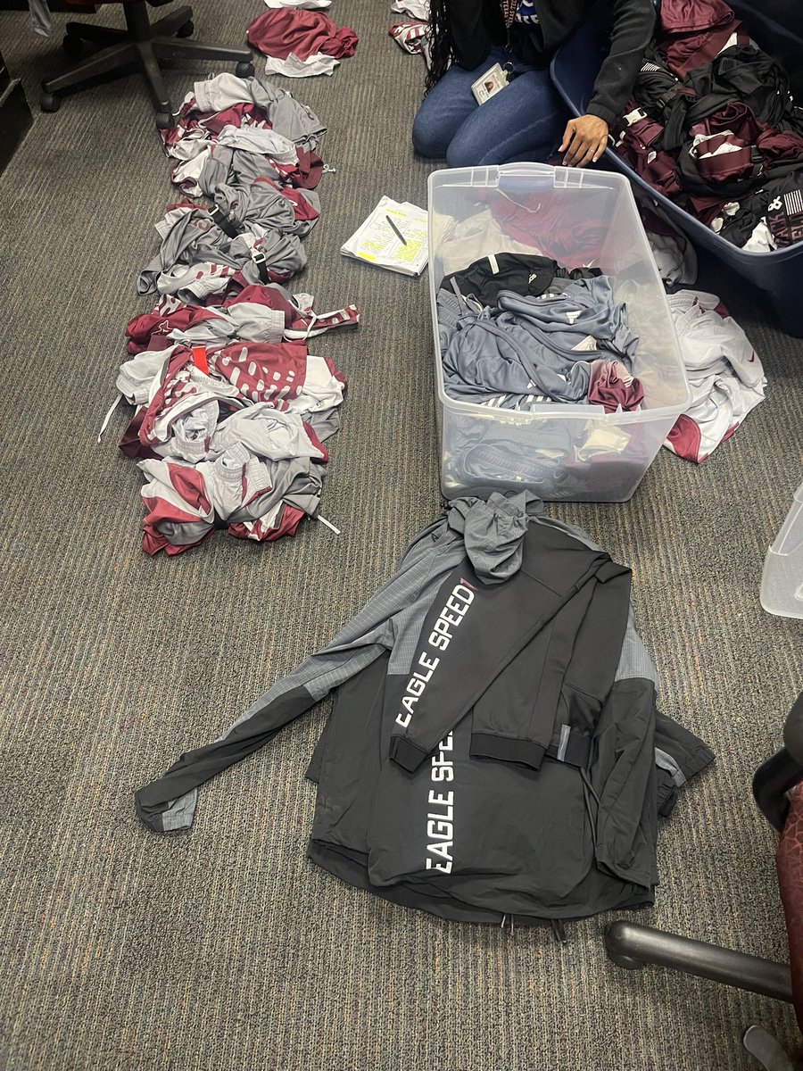 coach_edmonson's tweet photo. The game plan for MeetDay is in place, now to put out uniforms for tomorrow! Without @CoachD3stiney I would still be in the office. #EagleSpeed #Nike #xgrain https://t.co/W82OaXe2Ii