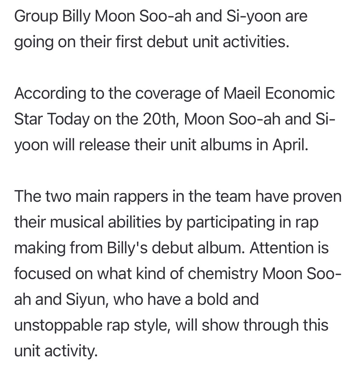 BILLLIEFILES's tweet photo. MoonSua and Siyoon will be forming a unit and releasing their debut album in April! 

“Attention is focused on what kind of chemistry Moon Sua and Siyoon, who have a bold and unstoppable rap style, will show through this unit activity.”

https://t.co/VoiDdomxo4 https://t.co/W83bbzfJxk