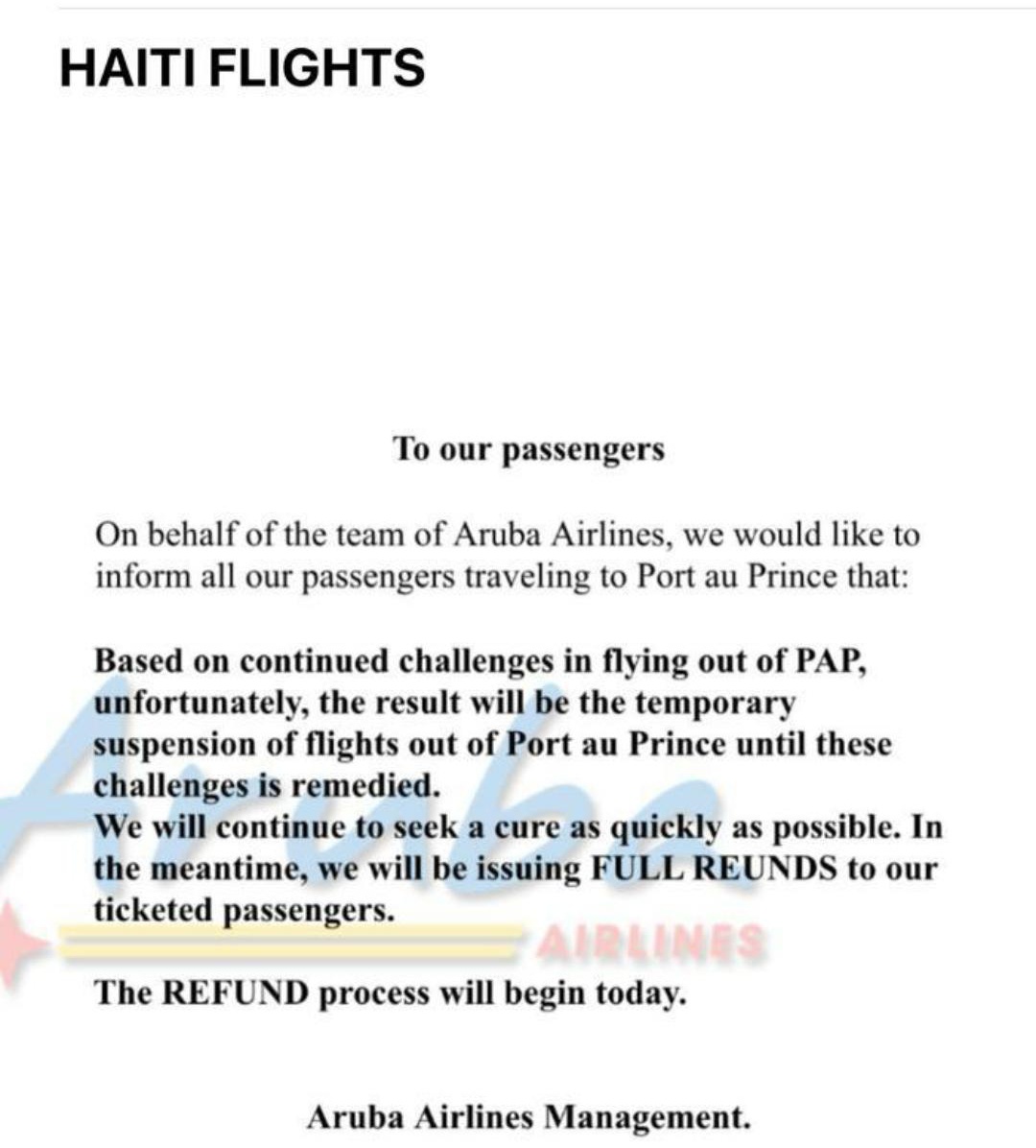 7_kalfou's tweet photo. Aruba Airlines suspend temporairement ses vols vers Port-au-Prince:
La compagnie Aruba Airlines a annoncé ce la suspension temporaire de ses vols à destination de Port-au-Prince, contrairement à ce qu’elle avait communiqué la semaine dernière.
Dans un avis publié ce mercredi 19 mars 2025, la compagnie aérienne a expliqué que cette décision résulte des difficultés persistantes rencontrées lors des départs depuis la capitale haïtienne. Par conséquent, les vols resteront suspendus jusqu'à la mise en place d'une solution adéquate.
Aruba Airlines a également assuré qu’elle rembourserait intégralement le prix des billets à tous les passagers concernés.#KALFOUINFO7
