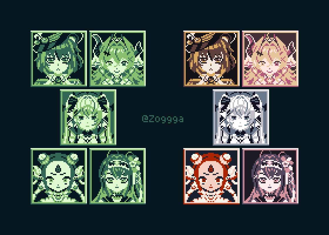 Pixelart portraits for some streamers in V&amp;U
Gameboy color palette and in a unique color palette each

#Solarti #MaevesterPiece #CyonArt #LyneArt #RoseTintedSpectracles