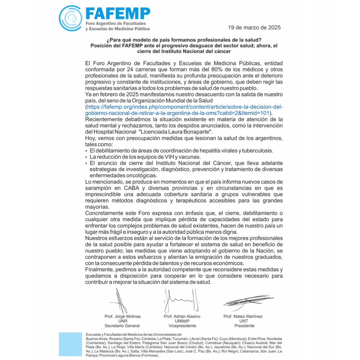 ¿Para qué modelo de país formamos profesionales de la salud?

Posición del FAFEMP ante el progresivo desguace del sector salud; ahora, el cierre del Instituto Nacional del cáncer