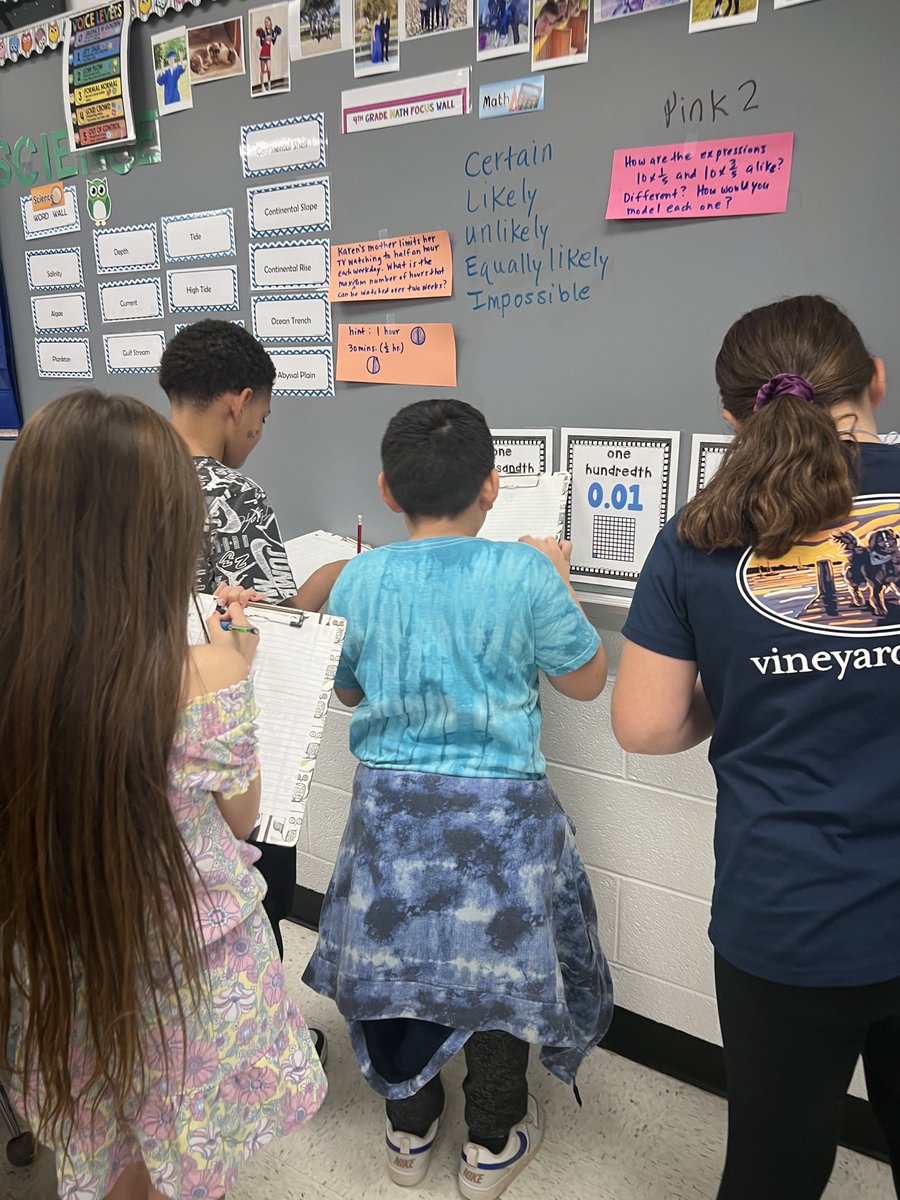 MMPTurtles's tweet image. In 4th grade, Mrs. Odom&apos;s homeroom did a gallery walk to learn more about solving fractional equations today. #MathIsFun @FCPS1News