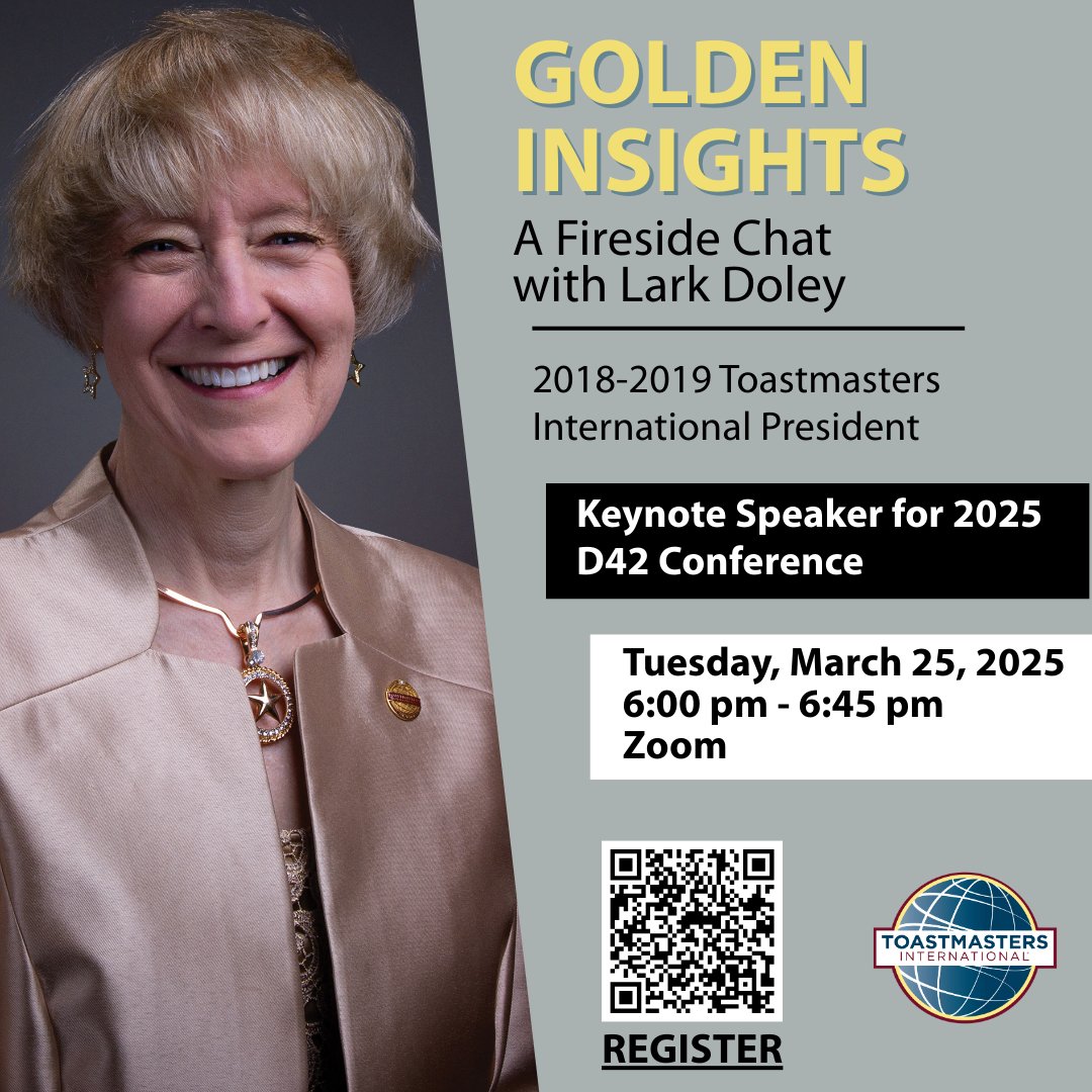 ToastmastersD42's tweet image. Join us for a special pre-conference event featuring DTM Lark Doley, Past President of Toastmasters International! Don&apos;t miss this opportunity to connect with a true Toastmasters legend &amp;amp; gain valuable insights ahead of the #D42Conference. Register here: bit.ly/41yfkbY