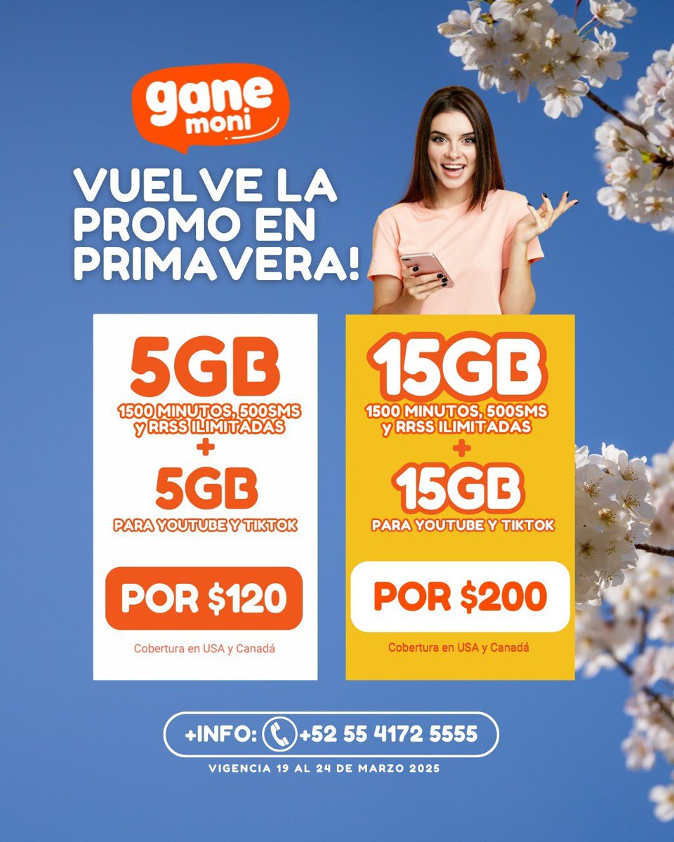 🌸 ¡La primavera llega con bonos imperdibles! 🌸

Aprovecha estos paquetes con más datos, minutos y redes sociales ilimitadas para estar siempre conectado en USA y Canadá. 📲✨