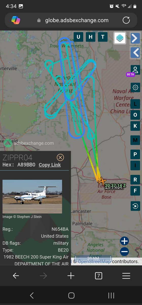 norb420's tweet photo. #A89BB0 as #JANET04/#ZIPPR04
#A8BBC1 as #JANET02/#ZIPPR07
These two flew as Janets from Harry Reid International Airport KLAS to Edwards AFB Auxiliary North Base K9L2, landing a couple of minutes apart at around 6:40ish AM local time. They were up again a few hours later, setting up a rectangular pattern northwest of NAS China Lake. ZIPPR04's altitude was 19,575 feet, and ZIPPR07 flew at 24,575 feet; they went around 4 and a quarter times and then returned to North Base. About an hour and a half later, they were back up, flying a racetrack and bow tie pattern west of China Lake. ZIPPR07 was at 24,600 feet for part of the test then dropped to 18,600 feet, while ZIPPR04 flew at 17,600 feet. https://t.co/atTt863opH